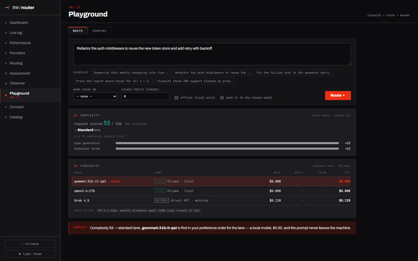 Playground: paste a prompt and watch the real engine classify and route it