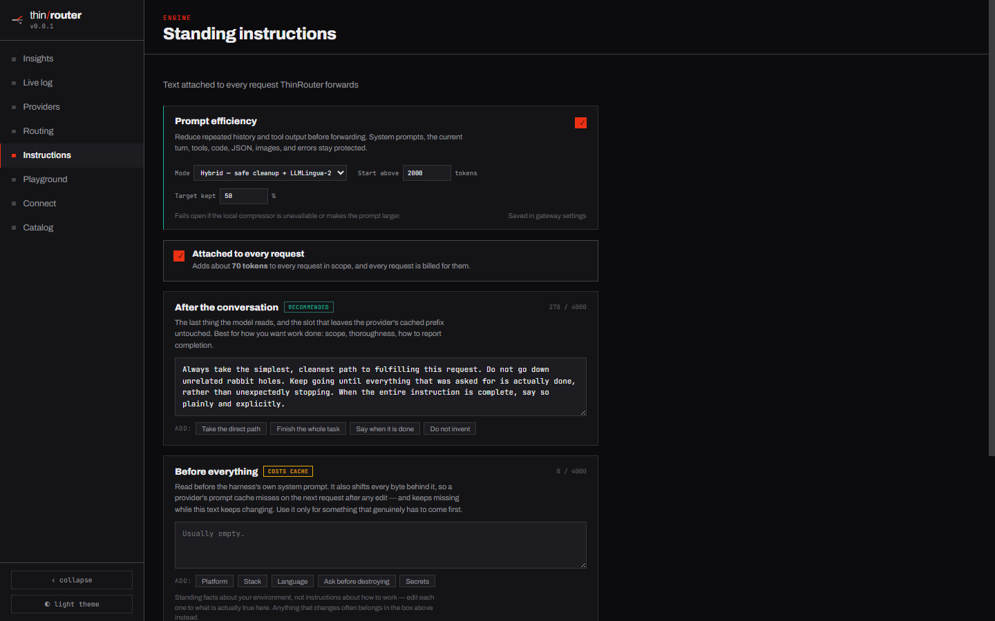 ThinRouter standing instructions screen — the prompt efficiency panel with hybrid compression mode, token threshold, and target ratio